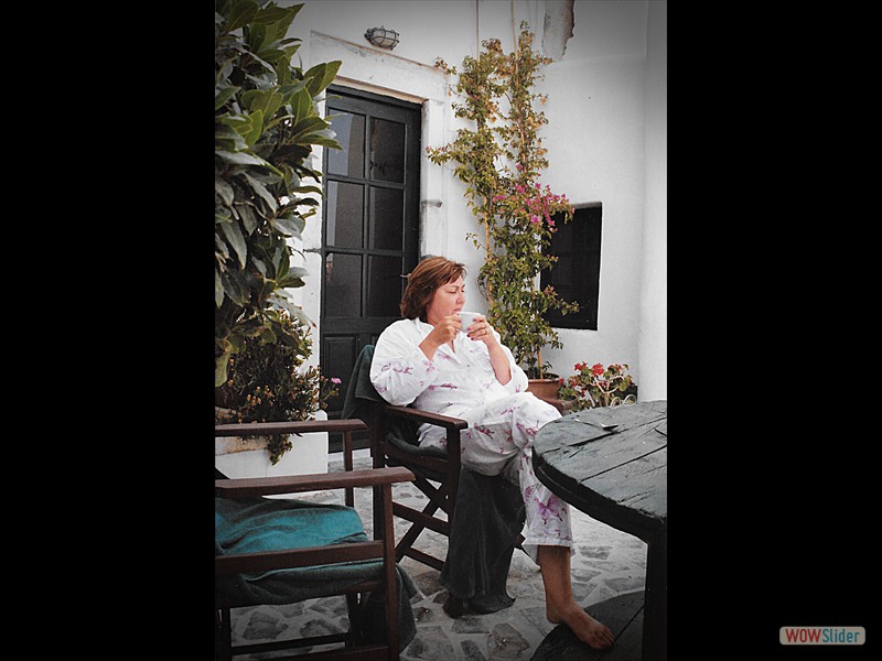 Santorini Deb coffee on veranda